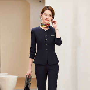 空姐制服职业套装女秋冬天气质蓝色条纹酒店前台接待珠宝店工作服
