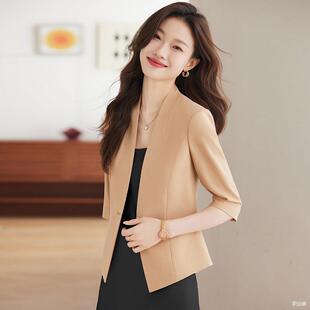 小西装外套女夏季薄款连衣裙两件套短款职业七分袖无领西服裙套装