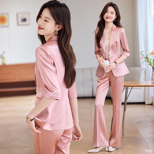 粉色醋酸西装套装女春夏季薄款高级感上班服新中式国风西服工作服