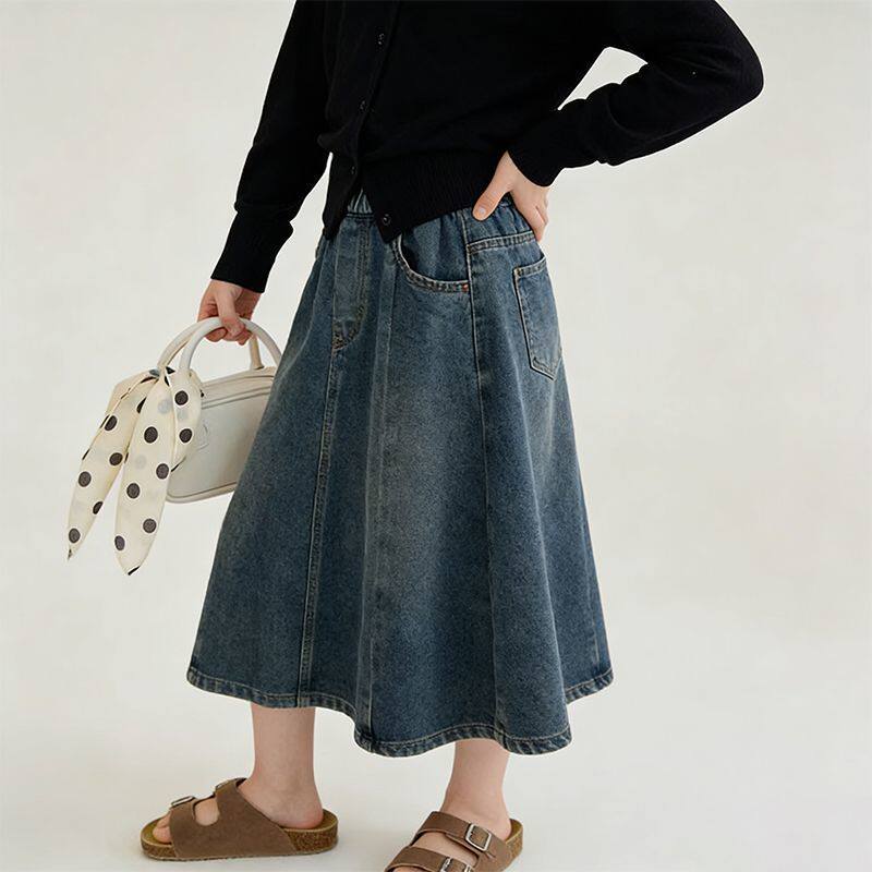 春夏季新款儿童装女童韩版洋气水洗牛仔裙中大童复古百搭中长伞裙