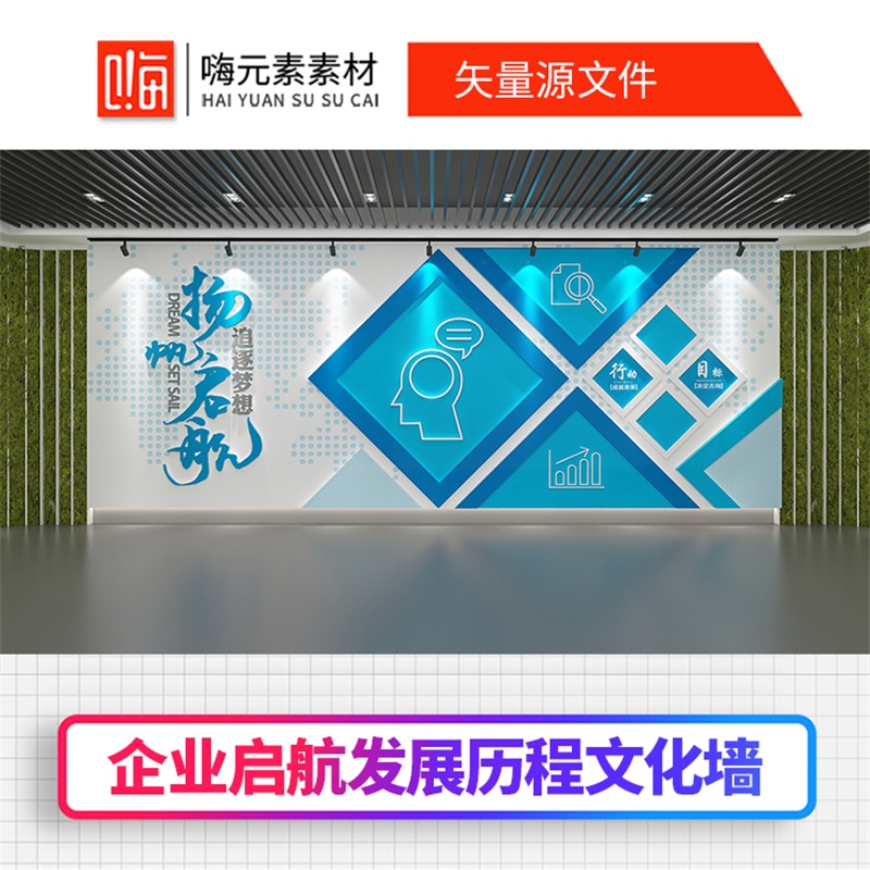 原创扬帆起航蓝色科技企业文化墙公司文化墙矢量CDR模板VIP特惠
