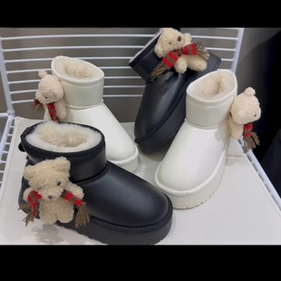 女冬季 保暖雪地靴一脚蹬皮面防水4厘米厚底氛围感围巾小熊减龄