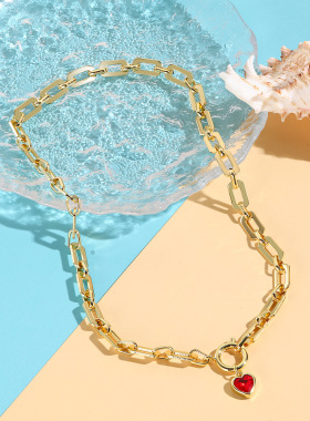 卡卡KA甜酷时尚夸张O型宽链条人造水晶爱心项链质感搭配皮衣体恤