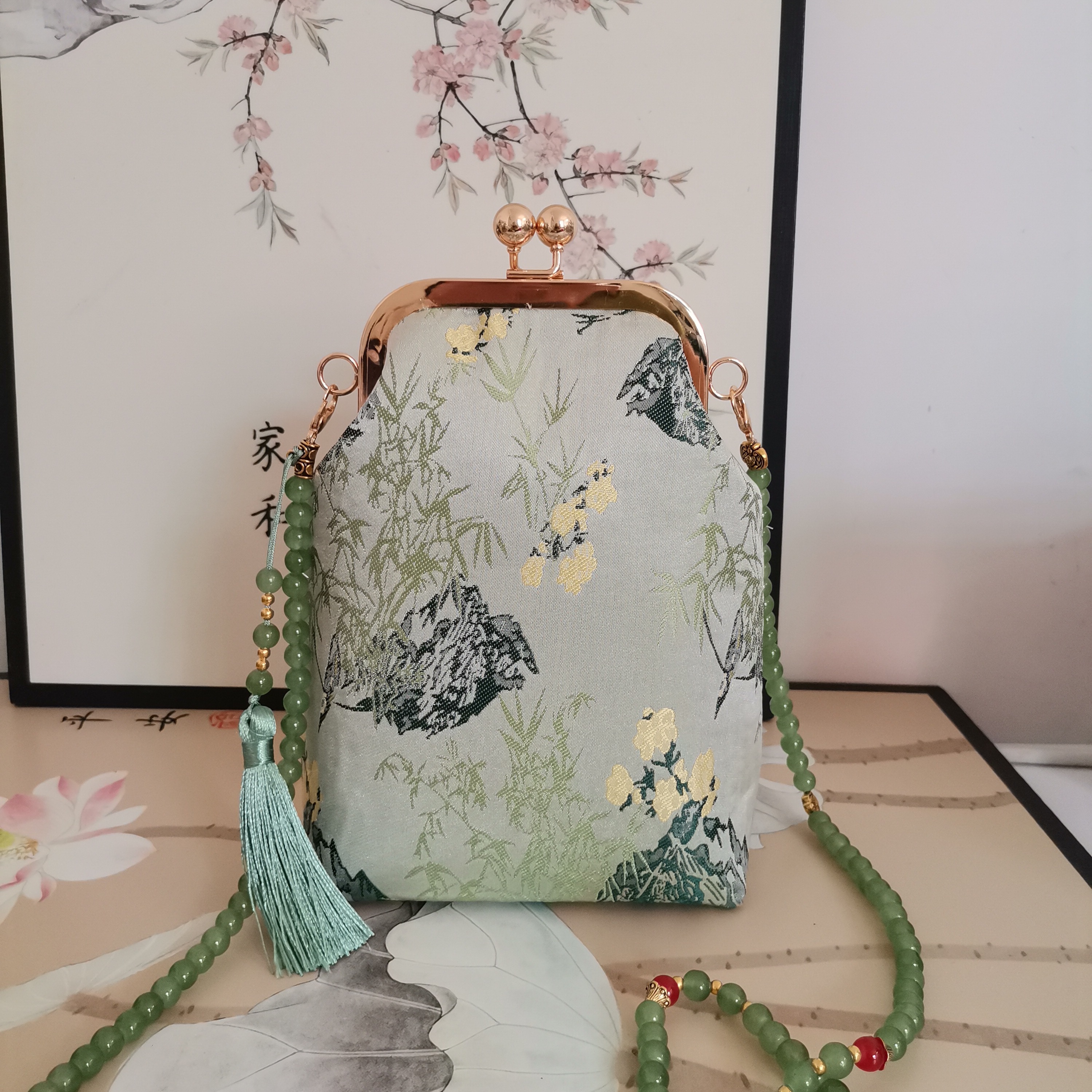 原创手工中国风宋锦小清新夏汉服包古风旗袍斜挎手机包口金包