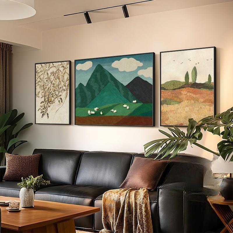 中古风小众风景客厅三联装饰画