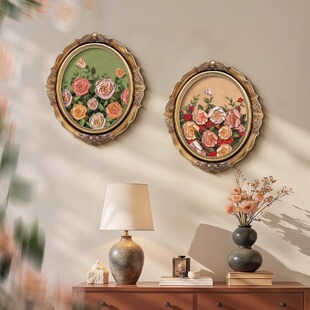 法式椭圆形装饰画浮雕立体感玄关挂画美式客厅复古卧室床头墙壁画