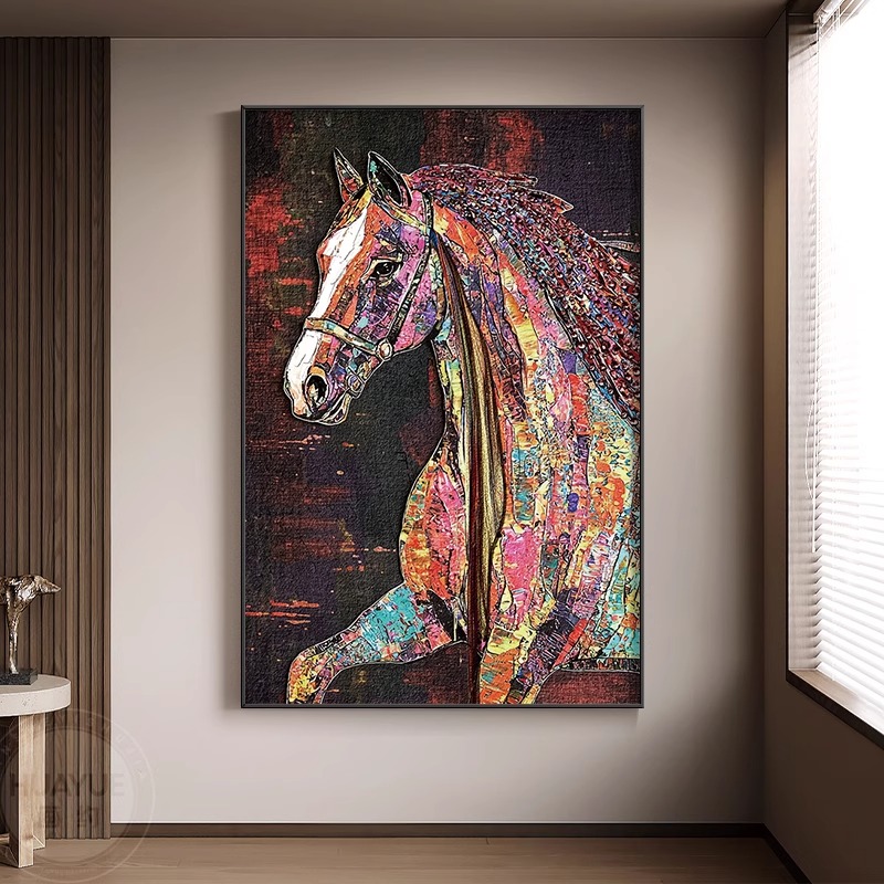 马到功成挂画中古风入户玄关装饰画轻奢高级感客厅沙发背景墙壁画图片