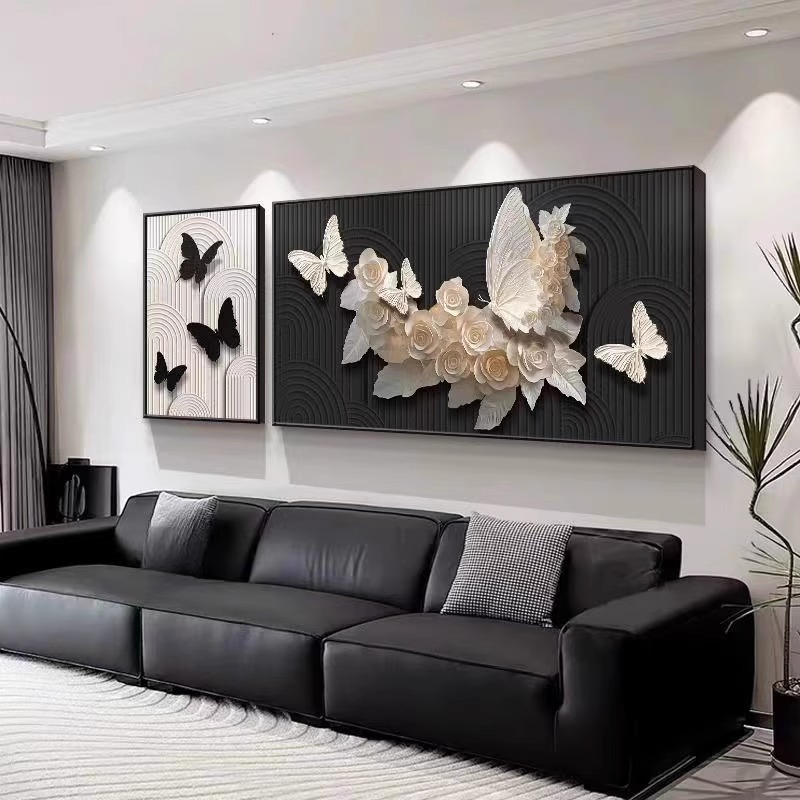 意式极简客厅沙发背景墙装饰画2025新款蝴蝶组合挂画高级感墙壁画图片