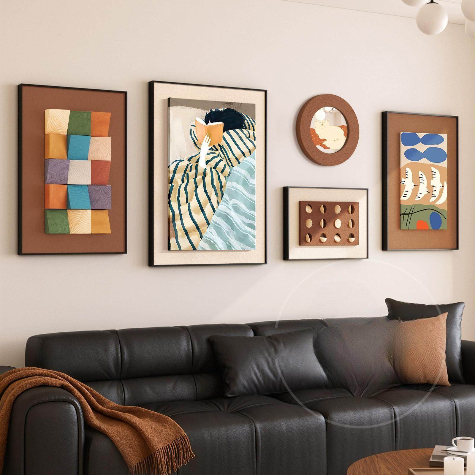 中古风客厅装饰画高级感复古沙发背景墙挂画2026新款艺术组合壁画