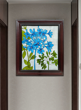 新中式蓝色花朵装饰画软装修壁画陶瓷挂画玄关花卉竖版手工瓷板画