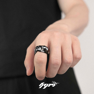 S925银珐琅彩滴油金箔戒指手绘唐草纹指环男小众设计冷淡风食指戒