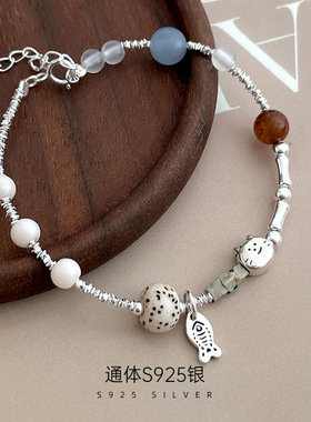 S925银可爱猫咪小鱼手链女小众文艺招财碎银子新款潮手饰生日礼物