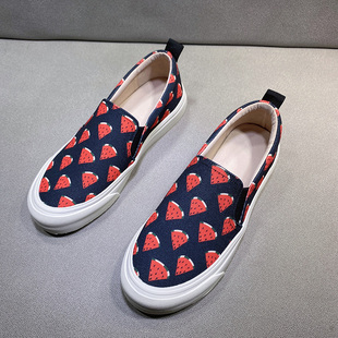 休闲浅口一脚蹬平底懒人鞋 潮 女英伦风2026新款 欧货西瓜帆布乐福鞋