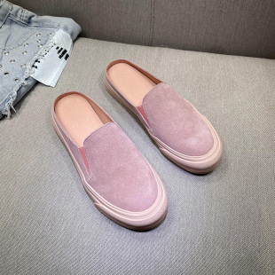 磨砂平底休闲无后跟懒人鞋 女外穿2025新款 欧货粉色真皮包头半拖鞋