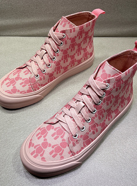 欧货粉色高帮鞋子女潮英伦2025新款加绒韩版休闲帆布系带马丁短靴