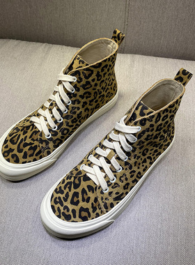 欧货豹纹高帮鞋女真皮2023新款系带韩版百搭平底马丁靴加绒短靴潮