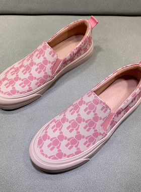 欧货小熊帆布乐福鞋女英伦风粉色厚底单鞋休闲透气一脚蹬懒人鞋潮