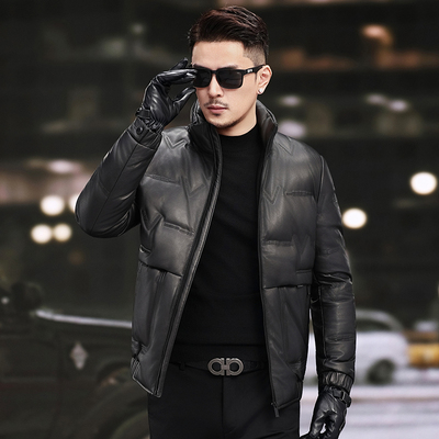 海宁真皮羽绒服男绵羊皮立翻领真皮皮衣青年冬季帅气加绒夹克外套