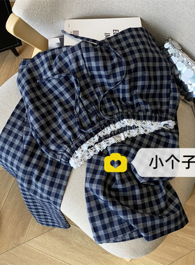 150小个子九分复古格子阔腿裤女春夏高腰显瘦蕾丝花边休闲直筒裤