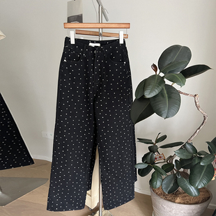 150小矮个子波点牛仔阔腿裤女夏季高腰宽松懒惰145xs窄版直筒长裤