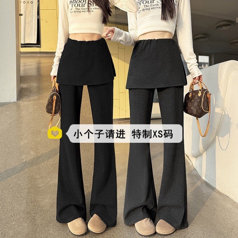 小个子150裤子灰色假两件休闲微喇裤女春秋加绒加厚高腰喇叭长裤