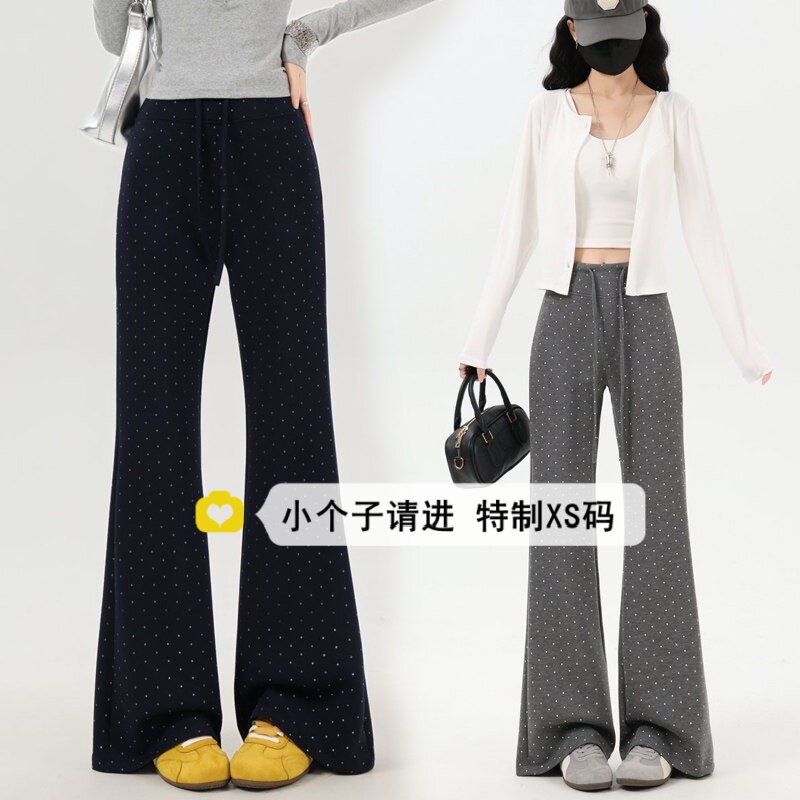 小个子150波点微喇休闲卫裤女秋季高腰修身显瘦抽绳运动拖地长裤