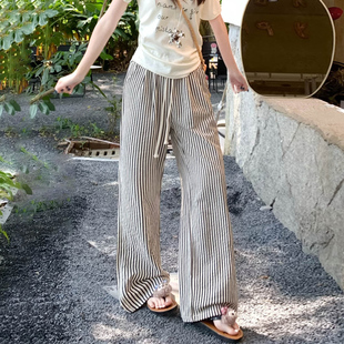 小个子裤子弯刀条纹阔腿裤女夏季薄款懒惰风遛弯裤抽绳休闲直筒裤
