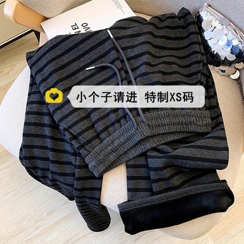 150小个子复古加绒条纹阔腿裤女