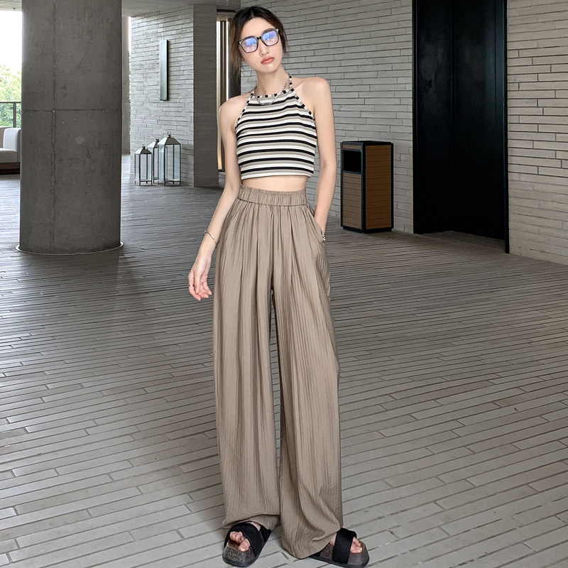 150小矮个子九分冰丝阔腿裤女夏休闲褶皱肌理感145xs凉凉直筒长裤