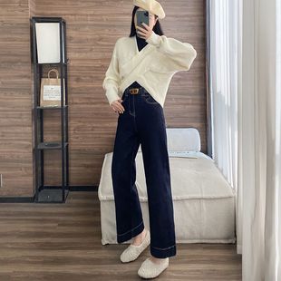小个子150cm深蓝色加绒牛仔阔腿裤 女秋冬加厚显高145保暖直筒长裤