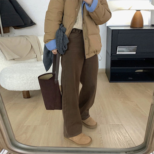 小矮个子棕色加绒牛仔裤女秋冬复古高腰显瘦直筒宽松百搭阔腿长裤