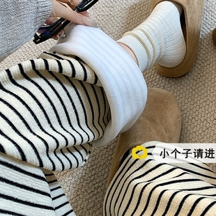 秋冬加厚小个子裤子150条纹毛巾裤女加绒阔腿裤懒惰风休闲直筒裤
