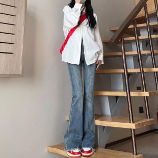 宽松显高穿搭145xs喇叭裤 女夏季 子150九分微喇弹力牛仔裤 小个子裤