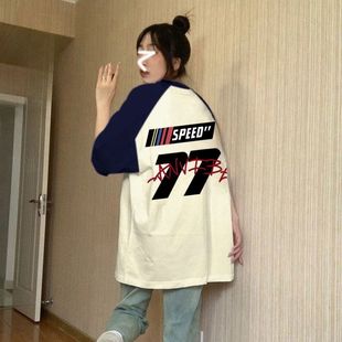 100%纯棉插肩短袖 潮流印花校园风情侣宽松百搭上衣 t恤女街头个性