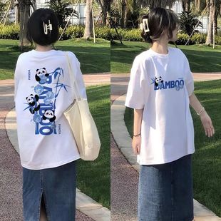 韩系百搭设计感字母熊猫印花纯棉短袖 T恤女夏oversize宽松上衣潮