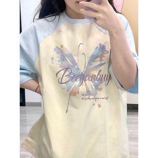 纯棉短袖 宽松百搭ins中长款 T恤女夏季 美式 上衣 新款 韩系蝴蝶插肩袖