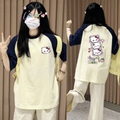 小众温柔风学生半袖 韩系甜美可爱卡通猫咪插肩短袖 t恤女夏季 上衣