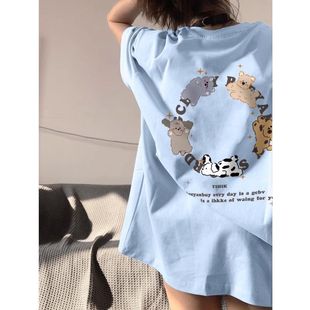 奶乖蓝卡通狗狗印花纯棉短袖 T恤女2025夏宽松显瘦百搭ins休闲上衣