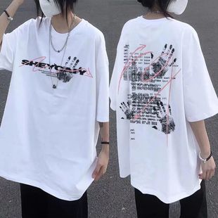 T恤女ins宽松情侣装 短袖 百搭上衣 高街100%纯棉小众设计感新款 美式