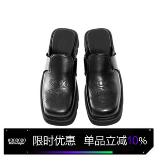 Kami anger眼睛刺绣方包头博肯鞋 时尚厚底黑色休闲增高半拖鞋
