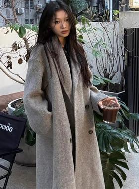 灰色韩系双面毛呢大衣女2025新款秋冬高级感毛呢外套小个子中长款