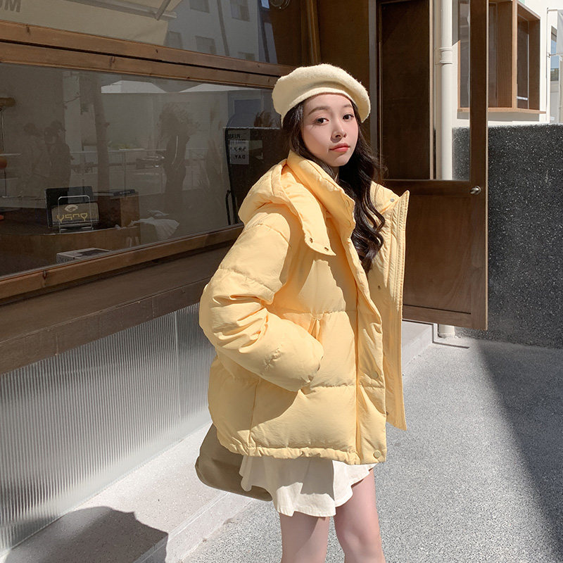 黄色羽绒服女短款2024冬季新款加厚立领面包情侣宽松中戏爆款外套