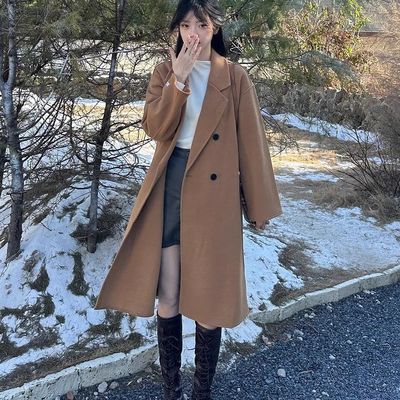 2025秋冬高端燕麦色双面呢大衣西装领宽松小个子中长款毛呢子外套