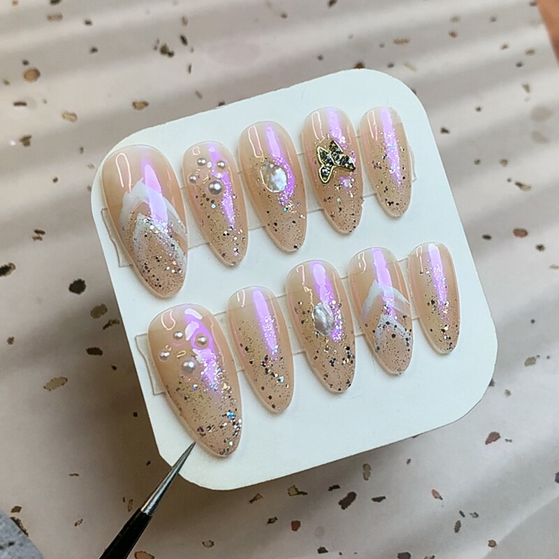 手工美甲穿戴甲成品 极光粉蝴蝶美甲饰品 少女圆尖中长款指甲贴片