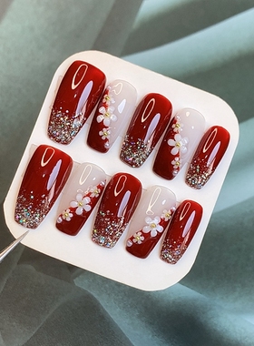 红色美甲 亮闪花朵手工穿戴甲成品 高级显白新娘结婚假指甲中长款