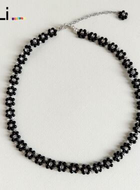 黑色彩色花朵串珠项链原创自制超仙少女感温柔礼物首饰