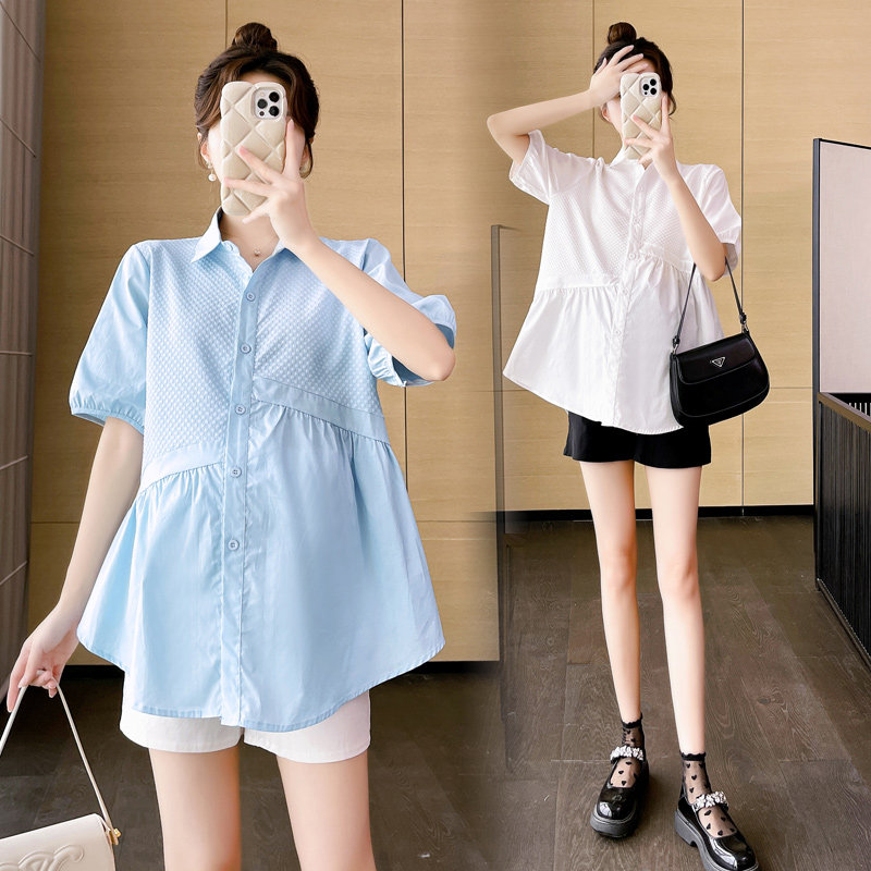 PREGNANT WOMAN SHORT SLEEVE SHIRT 2024 SUMMER NEW PREGNANCY LOOSE FASHION BABYDOLL SHIRT PUFFERED SHIRT TOP DRESS