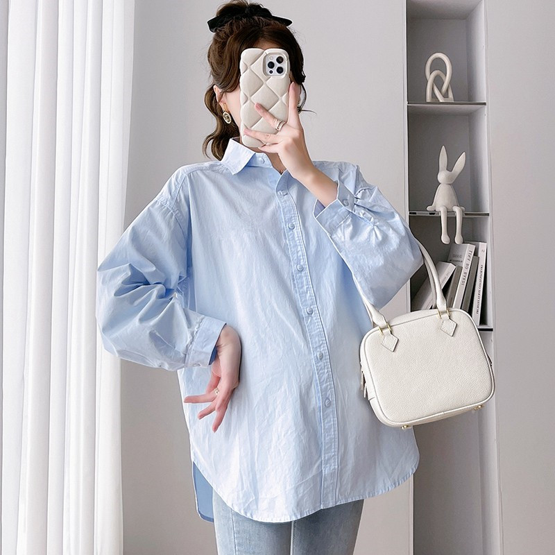 2024 MATERNITY NEW AUTUMN LONG SLEEVE SHIRT PLUS SIZE LOOSE PREGNANCY WORK CASUAL BELLY COVERING SHIRT COTTON TOP