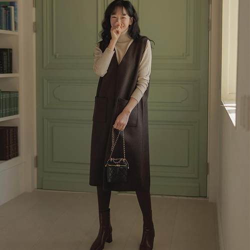 韩版马甲裙弹力羊毛咖啡色宽松