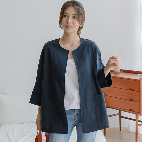 韩版短款棉麻纯色外套蝙蝠袖宽松